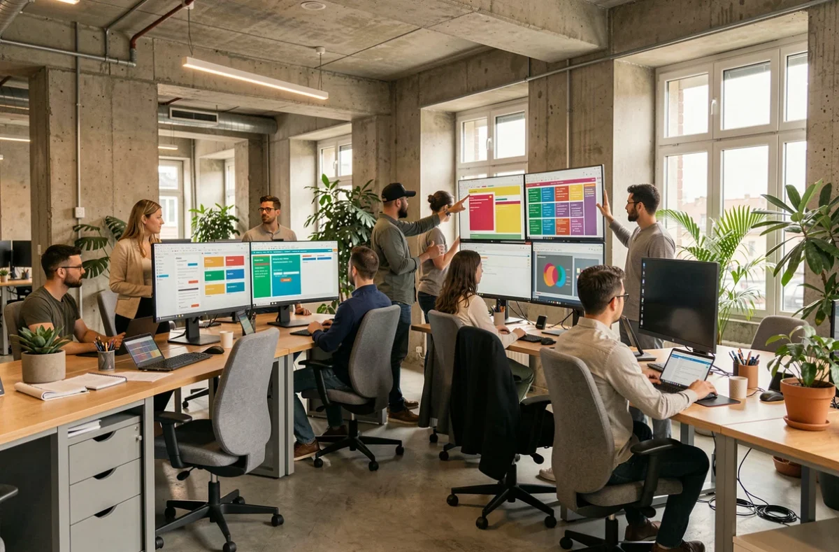 Vue d'ensemble d'une agence de création de sites internet moderne dans les Hauts-de-Seine avec des professionnels travaillant sur des interfaces web