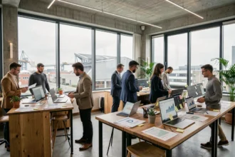 Vue d'ensemble d'un bureau d'agence SEO moderne dans le Pas-de-Calais avec des professionnels travaillant sur des analyses de référencement