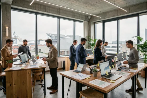 Vue d'ensemble d'un bureau d'agence SEO moderne dans le Pas-de-Calais avec des professionnels travaillant sur des analyses de référencement