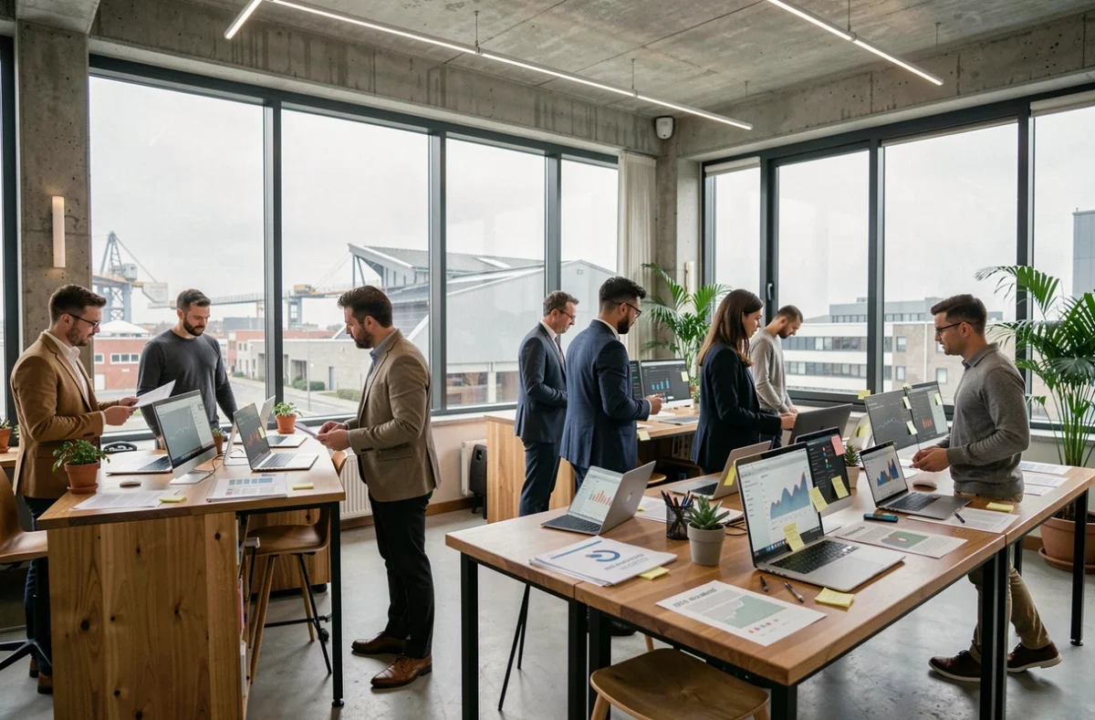 Vue d'ensemble d'un bureau d'agence SEO moderne dans le Pas-de-Calais avec des professionnels travaillant sur des analyses de référencement