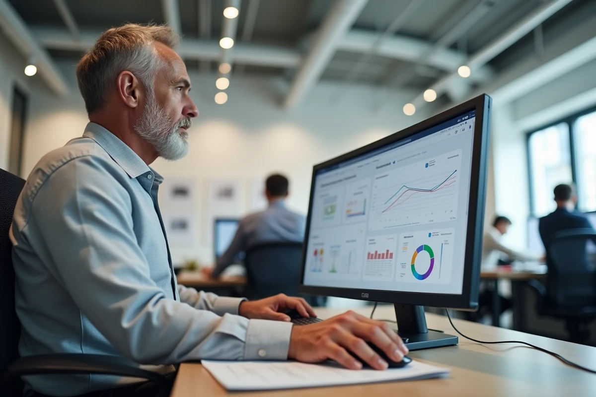 Métreur BTP analysant une plateforme de gestion de chantier sur double écran dans un bureau d'entreprise