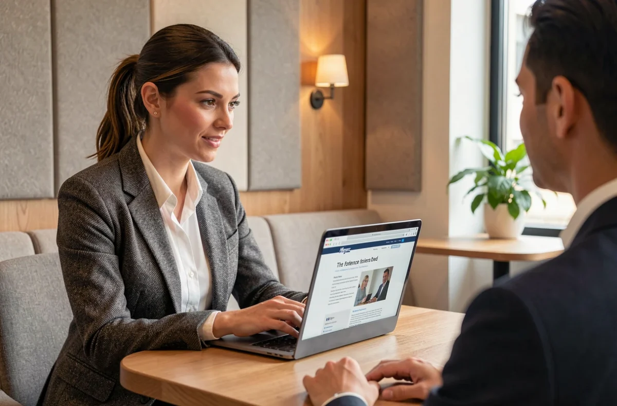 Chef de projet de l'agence Meyerz présentant une proposition de site web à un client dans un espace de réunion moderne