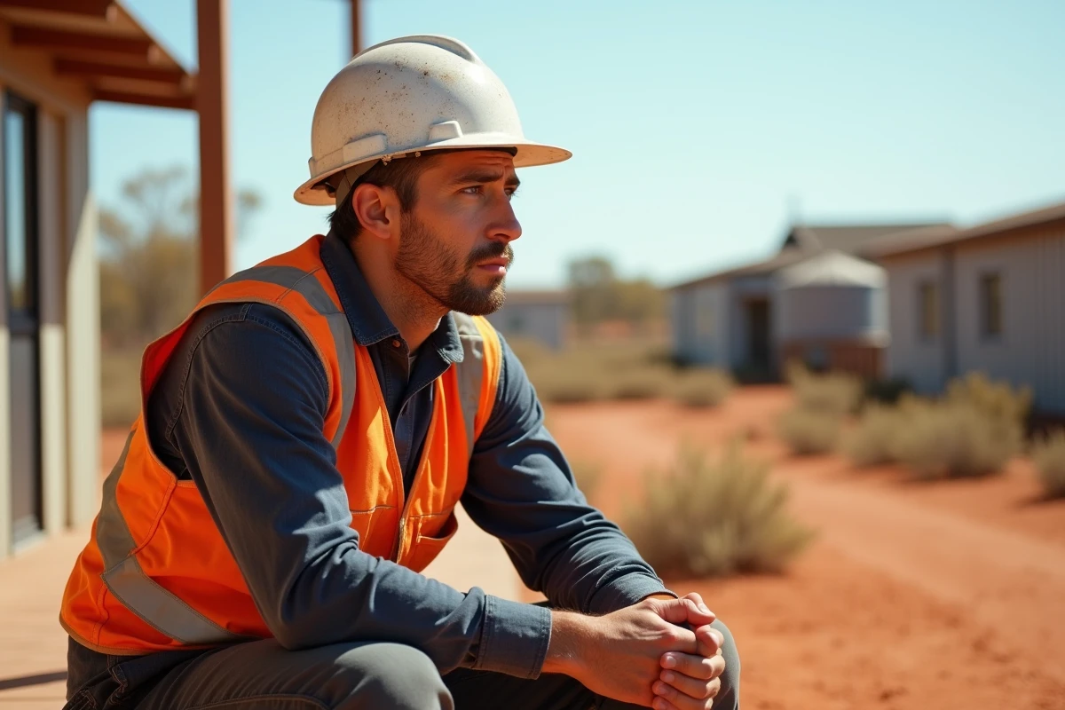 Mineur australien épuisé assis devant un logement de camp minier dans l'outback, illustrant l'isolement et la fatigue liés au travail en mine FIFO