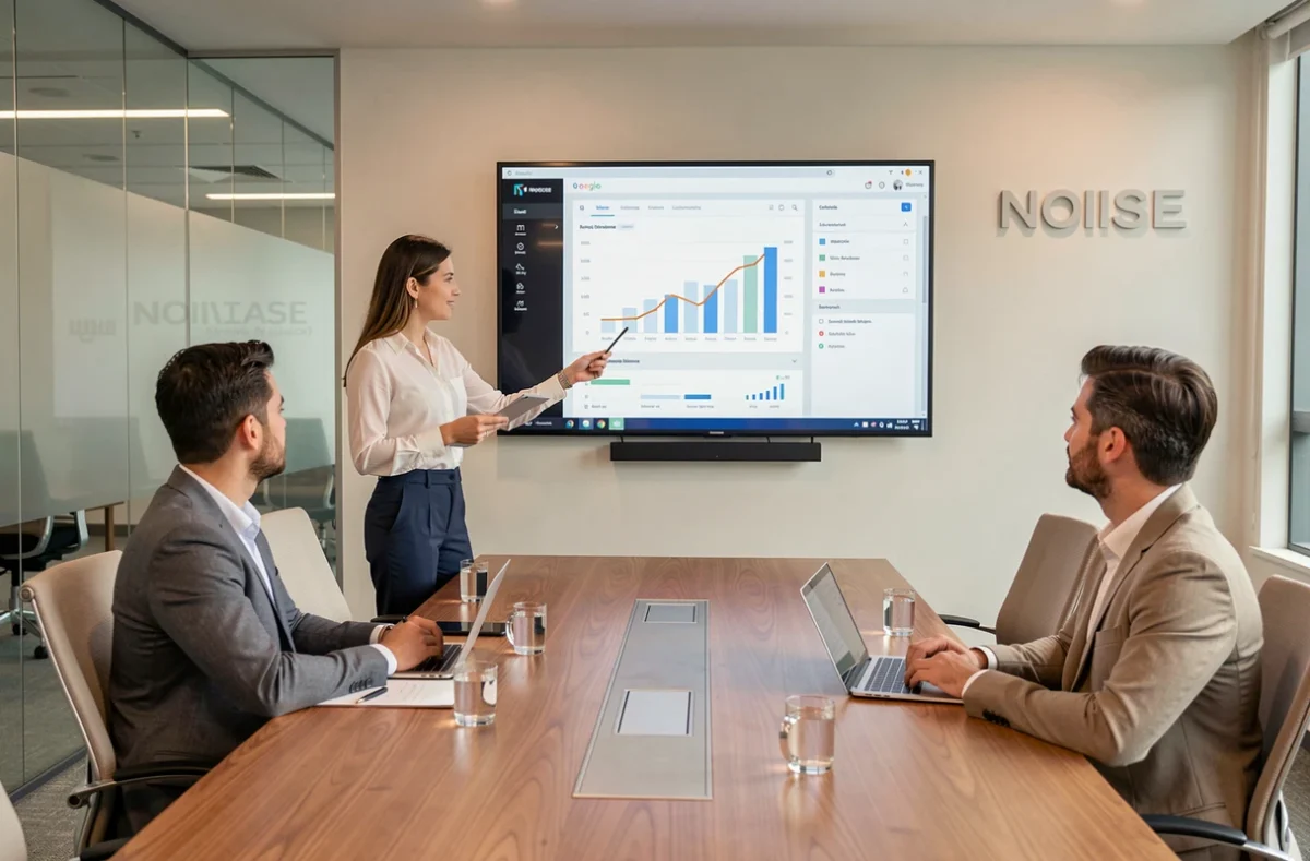 Stratège digitale de l'agence NOIISE présentant un tableau de bord de performance web à son équipe en salle de réunion