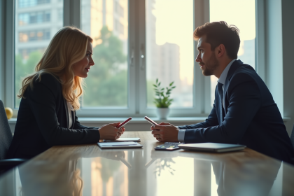 Employe confiant pose un smartphone lors d'une réunion