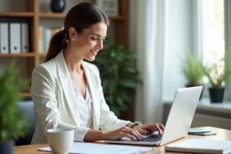 Femme professionnelle optimisant son profil en ligne sur un ordinateur portable dans un bureau à domicile