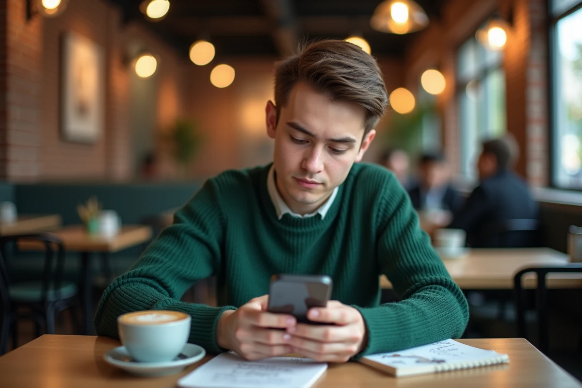 Jeune professionnel consultant et optimisant son profil noventrispro sur smartphone dans un café urbain