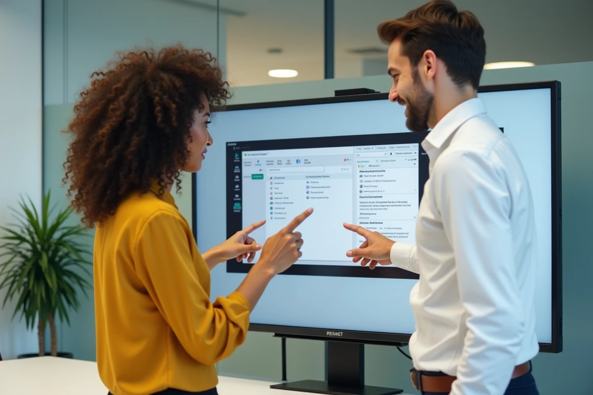 Deux collègues configurant le partage de documents sur une application de gestion en salle de réunion