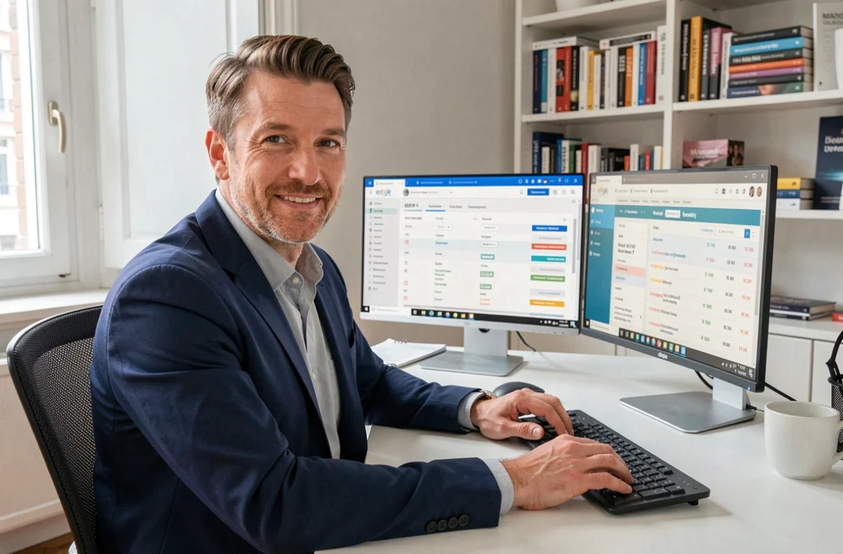 Paul Vengeons, consultant SEO indépendant dans les Hauts-de-Seine, travaillant sur une analyse de mots-clés à son bureau