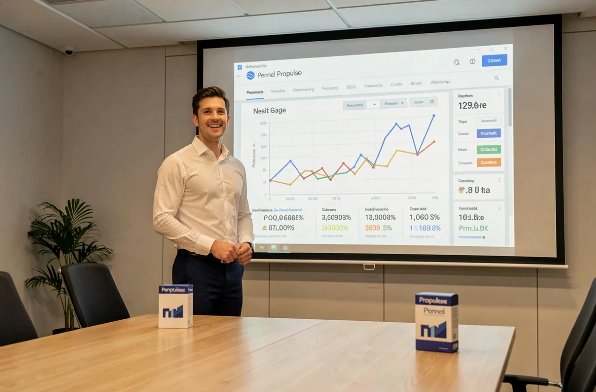 Consultant en croissance digitale de Pennel Propulse présentant des résultats de performance web et SEO dans une salle de réunion professionnelle