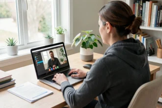 Personne en visioconférence sur un ordinateur portable dans un bureau lumineux