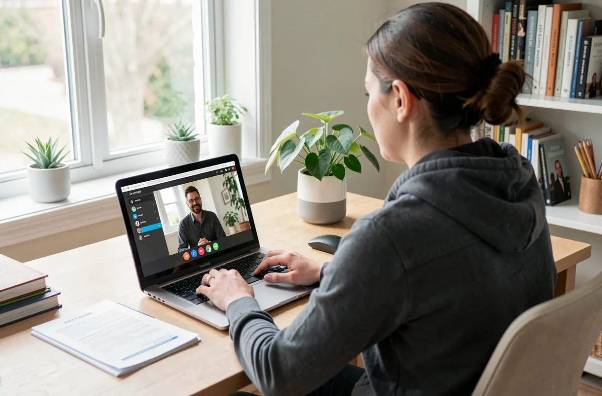 Personne en visioconférence sur un ordinateur portable dans un bureau lumineux