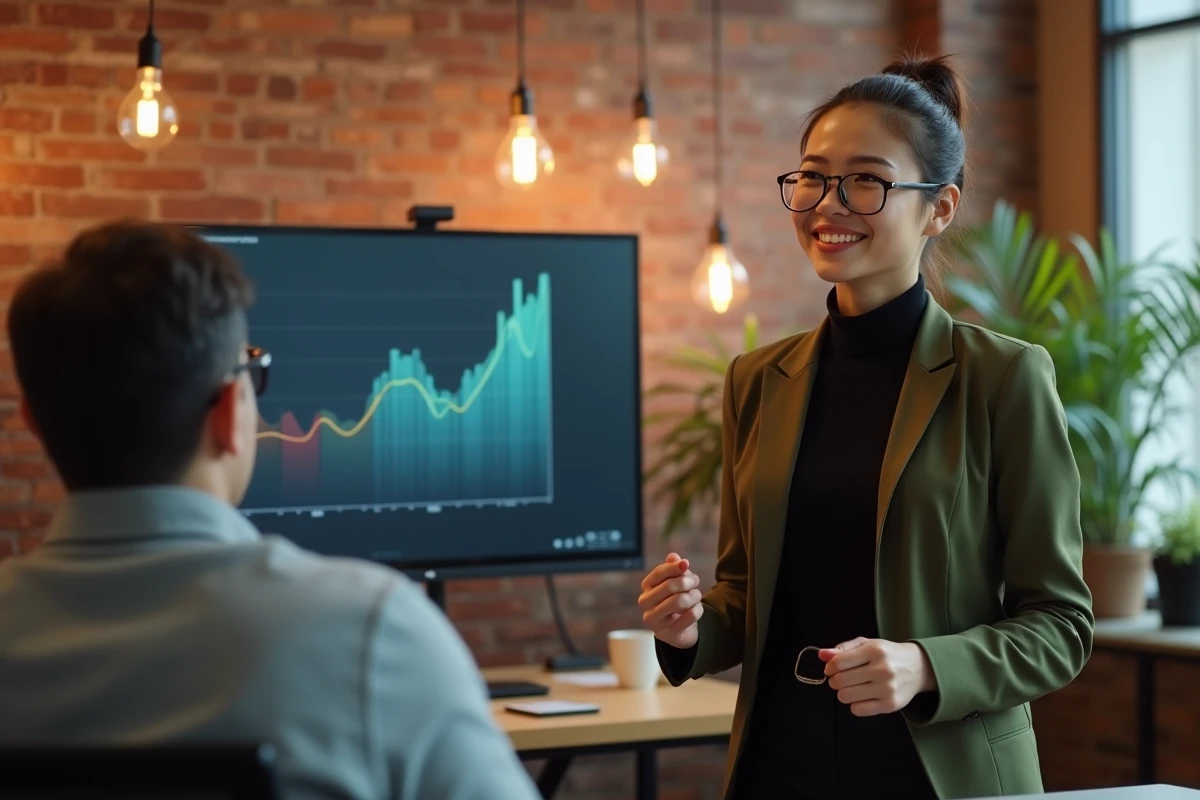 Une jeune entrepreneuse présente son pitch deck à une investisseuse dans un bureau de startup avec mur en briques apparentes