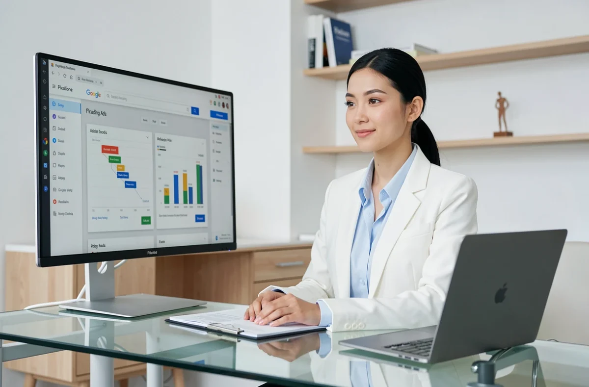 Consultante SEA de l'agence Pixalione travaillant sur un tableau de bord de tracking et d'attribution Google Ads