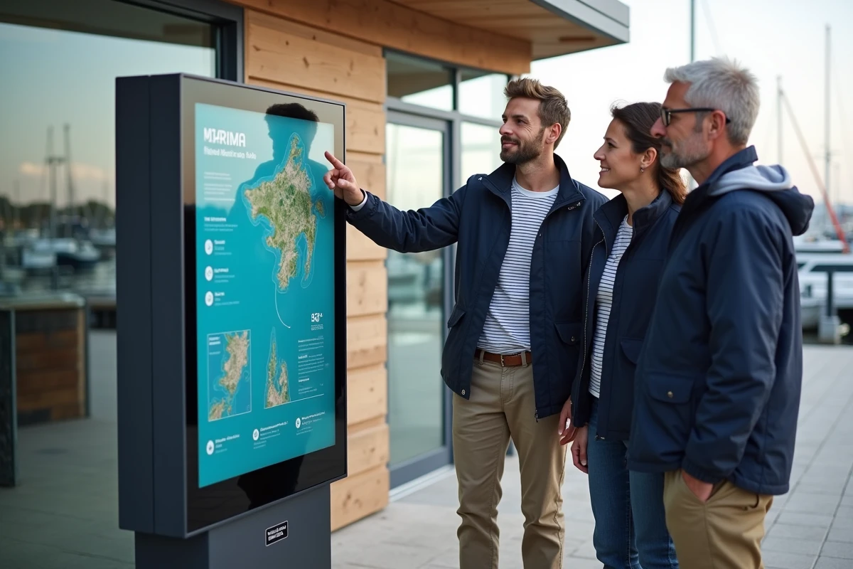 Plaisanciers utilisant une borne interactive numérique à l'entrée d'un port de plaisance modernisé