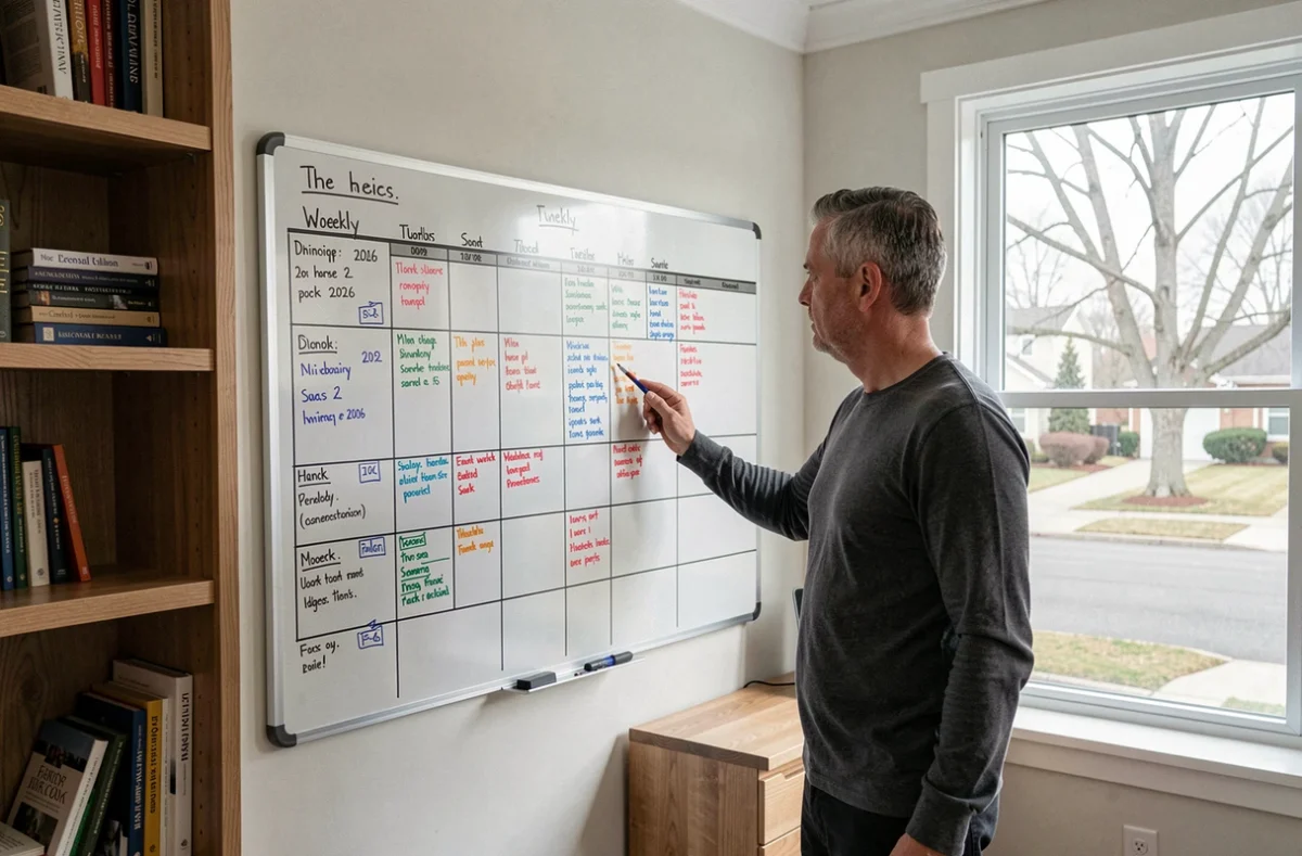 Homme planifiant son nombre de jours ouvrés 2026 sur un tableau blanc dans un bureau à domicile