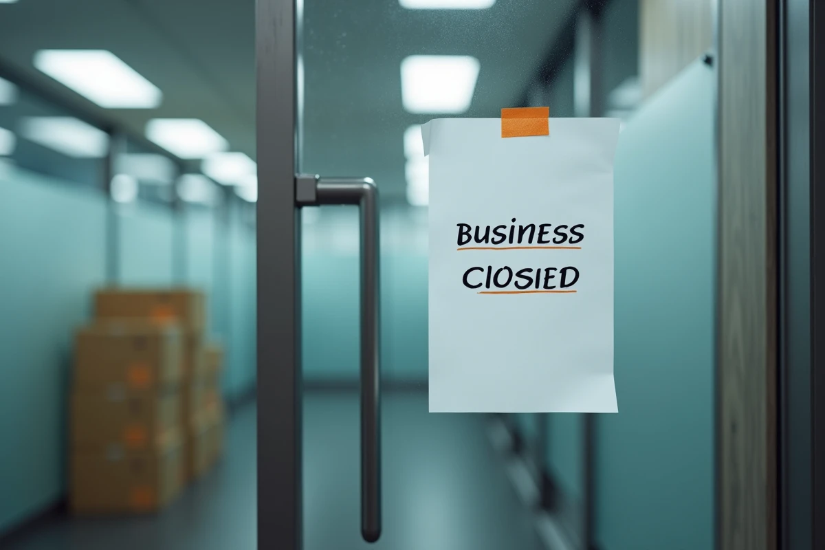 Porte d'agence fermée avec avis de fermeture affiché, bureaux vides en arrière-plan symbolisant la cessation d'activité de Rezoactif
