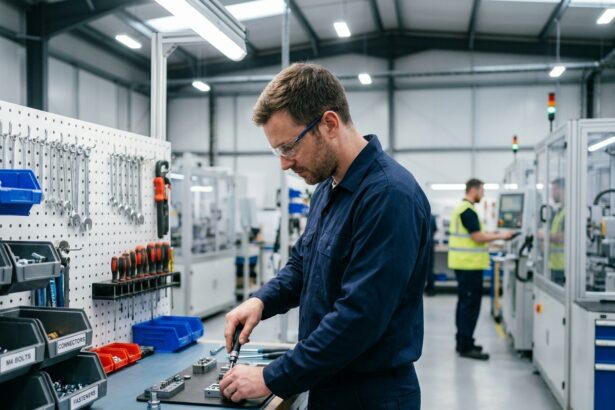 Technicien industriel à son poste de travail en atelier de production équipé d'outils et rangements dédiés