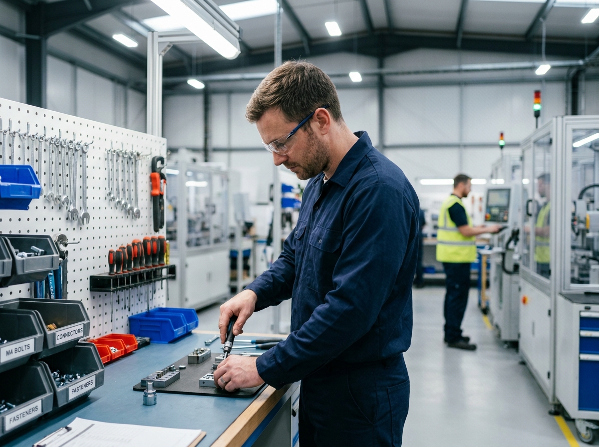 Technicien industriel à son poste de travail en atelier de production équipé d'outils et rangements dédiés