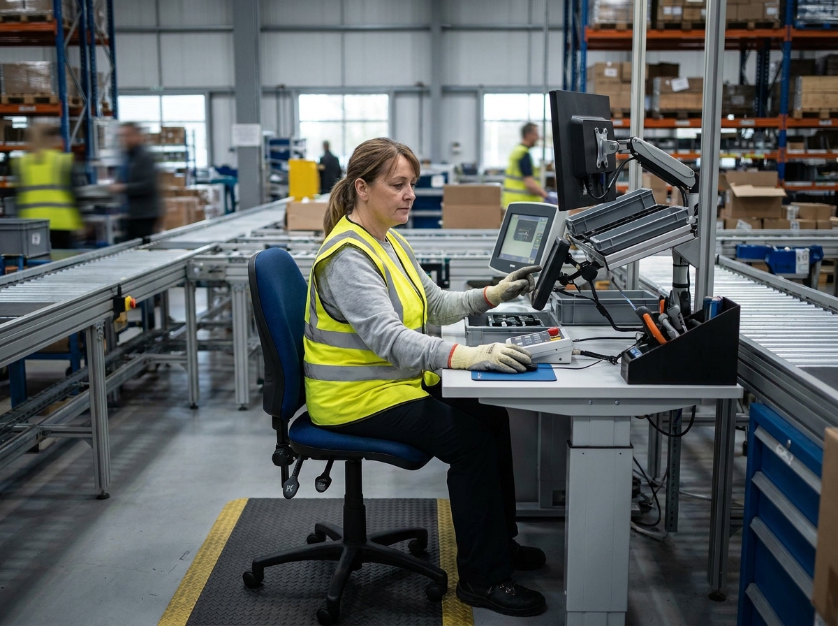 Opératrice de production sur poste de travail ergonomique en ligne de fabrication industrielle