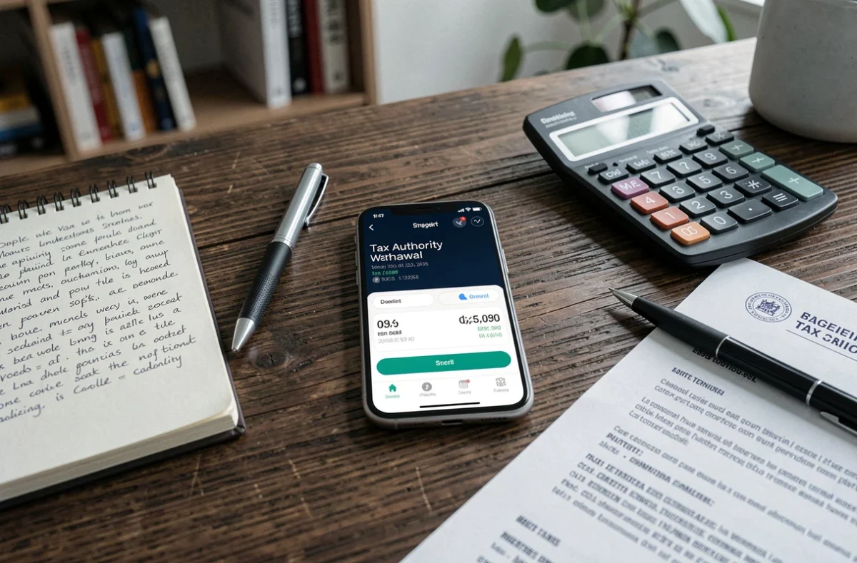 Vue aérienne d'un bureau avec smartphone affichant un prélèvement DGFiP et documents fiscaux professionnels