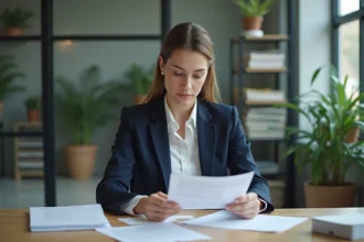 Femme consultant des documents administratifs dans un bureau professionnel pour une première démarche officielle