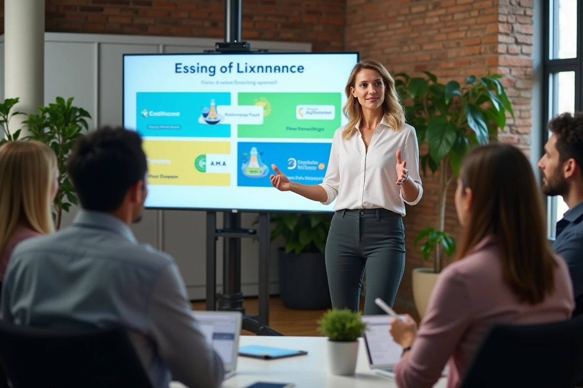 Présentation d'une proposition de sponsoring devant des professionnels dans un espace de travail moderne