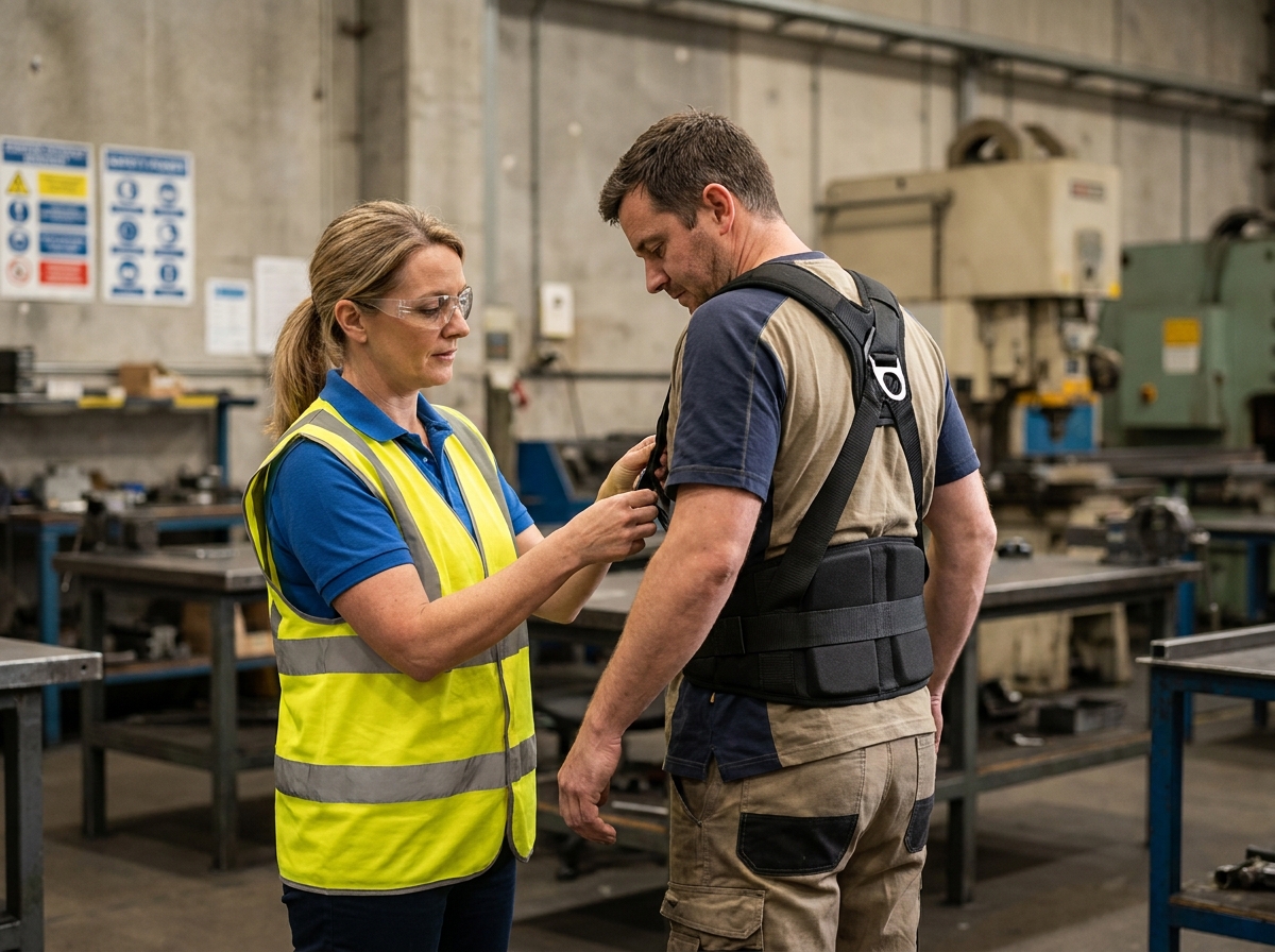Spécialiste en santé au travail ajustant un harnais lombaire de manutention sur un opérateur en usine pour prévenir les TMS