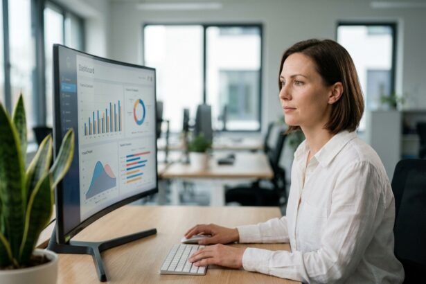 Femme cadre analysant des prévisions financières sur un écran avec des graphiques et tableaux de bord modernes dans un bureau contemporain