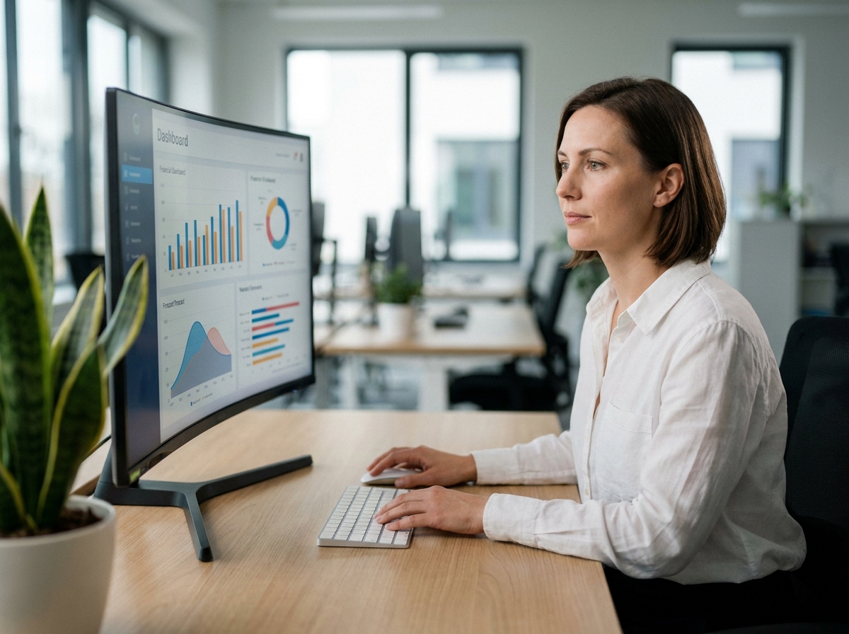 Femme cadre analysant des prévisions financières sur un écran avec des graphiques et tableaux de bord modernes dans un bureau contemporain