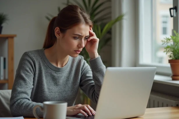 Femme frustrée face à un message d'erreur sur l'espace client Orange sur son ordinateur portable à domicile