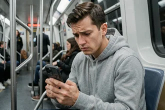 Homme frustré regardant son téléphone sans connexion dans le métro parisien