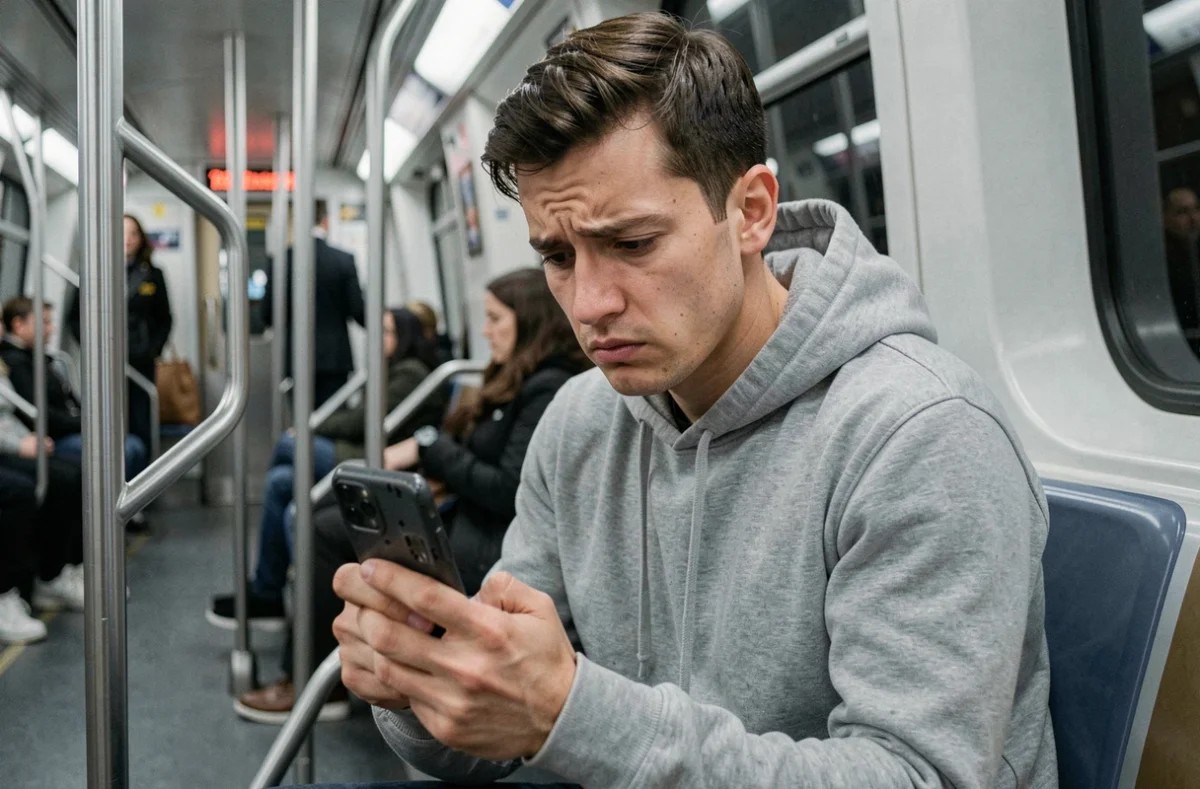 Homme frustré regardant son téléphone sans connexion dans le métro parisien