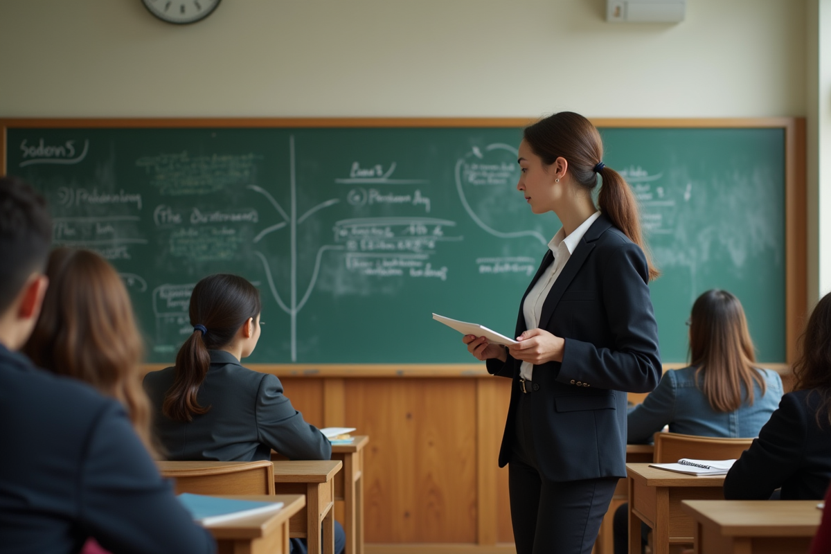 Jeune professeure expliquant un document juridique aux étudiants