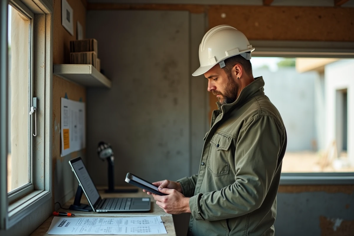 Professionnel du BTP consultant un média en ligne sur une tablette dans un bureau de chantier