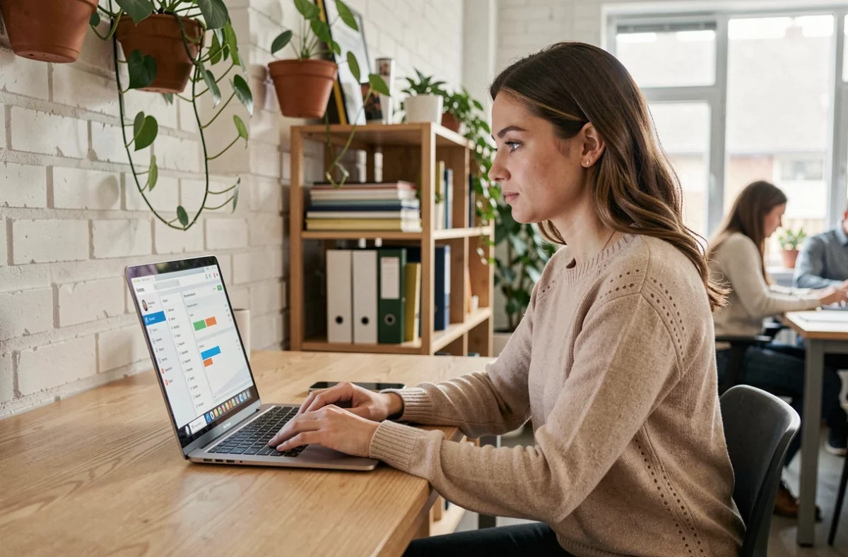 Jeune professionnelle consultant une plateforme de coaching de performance sur son ordinateur portable dans un espace de coworking