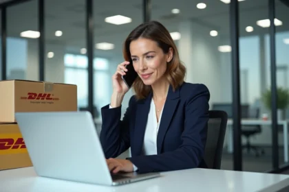 Une professionnelle en blazer marine au téléphone avec le service client DHL dans un bureau moderne