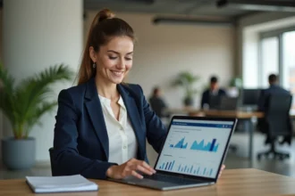 Professionnelle analysant sa visibilité en ligne sur un annuaire business depuis son bureau en open space