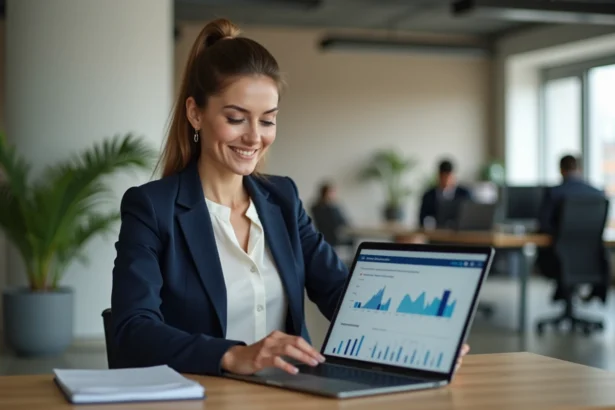 Professionnelle analysant sa visibilité en ligne sur un annuaire business depuis son bureau en open space