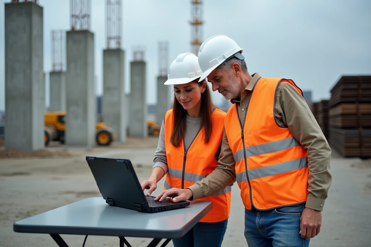 Deux professionnels du BTP collaborant autour d'un logiciel de gestion de chantier en extérieur