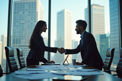 Deux professionnels en réunion dans un bureau moderne en verre