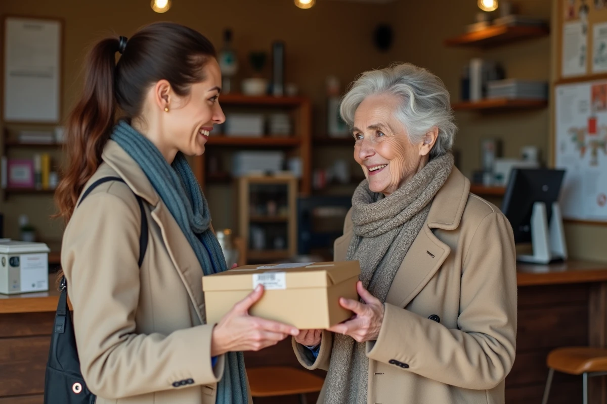 Femme recevant un colis dans une poste chaleureuse
