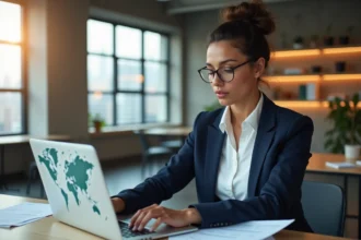 Femme professionnelle en reconversion internationale travaillant sur son projet dans un espace de co-working moderne