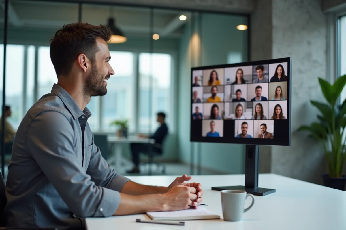 Recruteur en entretien vidéo à distance dans un espace de coworking moderne