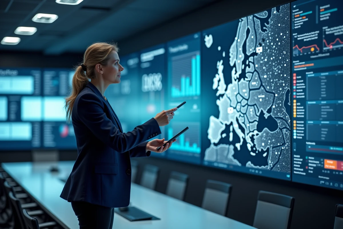 Responsable logistique analysant une carte de réseau de distribution en temps réel sur un écran mural interactif