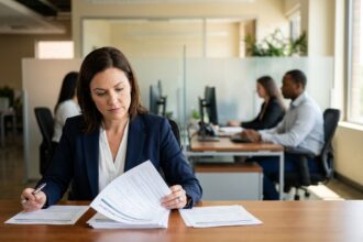 Responsable RH analysant les garanties d'une mutuelle santé collective pour ses salariés dans un bureau moderne