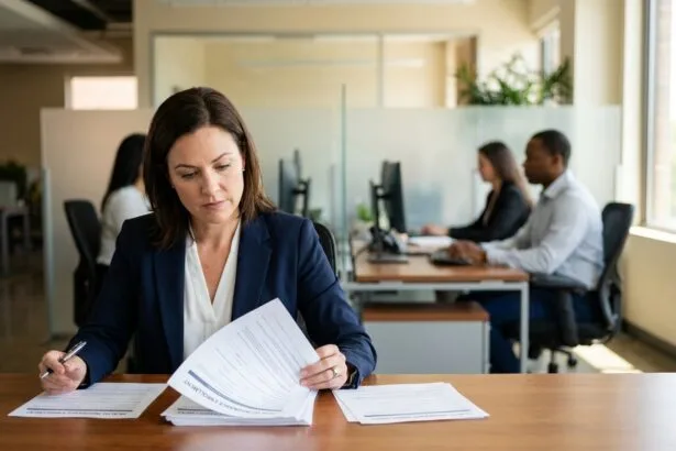 Responsable RH analysant les garanties d'une mutuelle santé collective pour ses salariés dans un bureau moderne