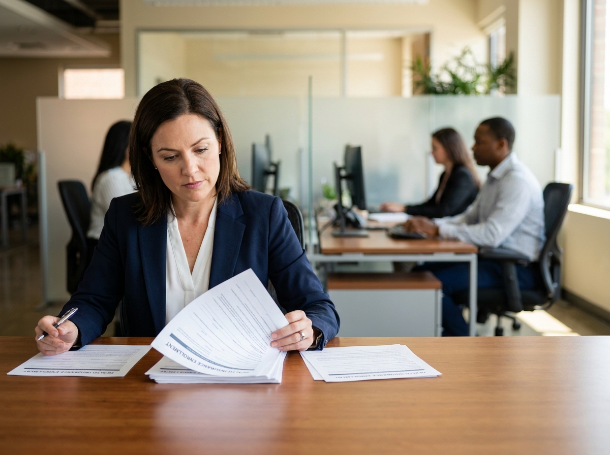 Responsable RH analysant les garanties d'une mutuelle santé collective pour ses salariés dans un bureau moderne