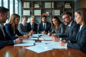 Groupe de professionnels en réunion d'affaires sérieux