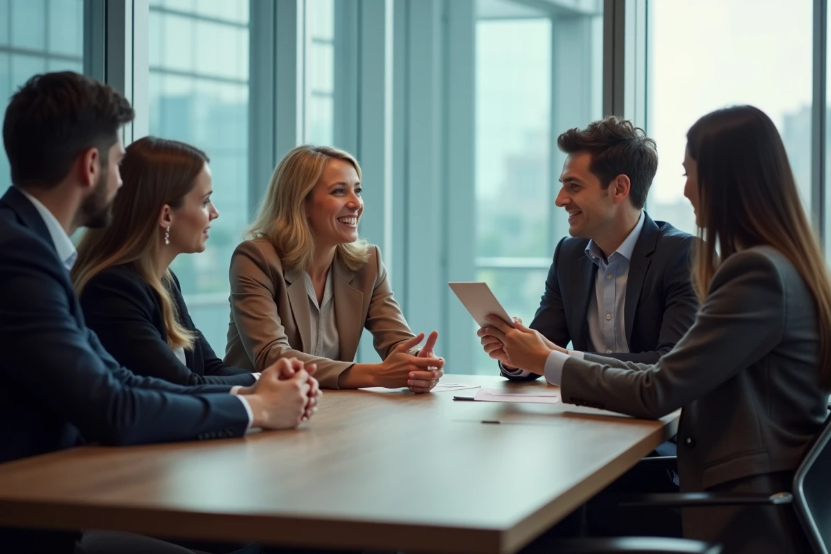 Groupe de collègues échangeant une carte de soutien